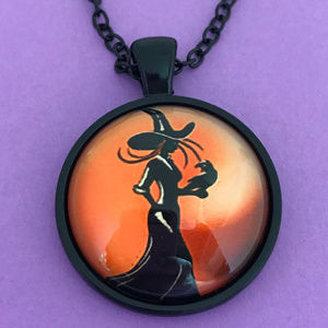 Witch Holding Raven Black Tone Pendant Necklace